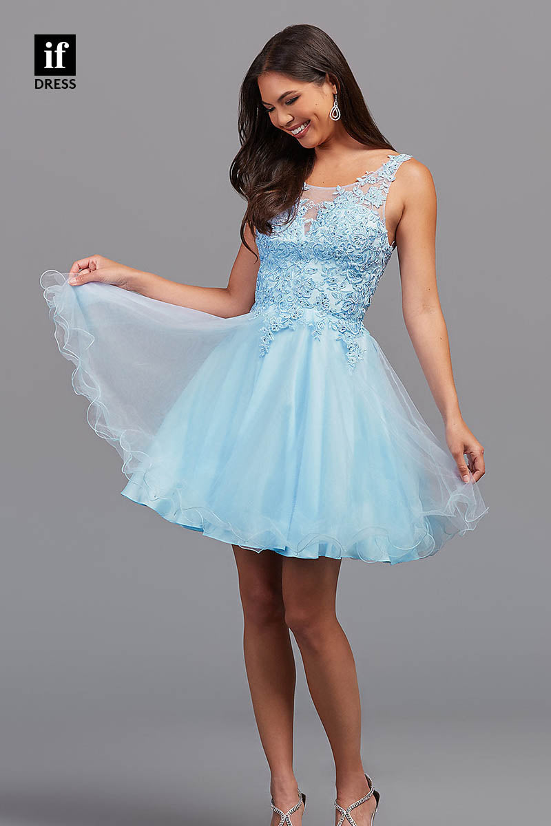 F1357 - Sweet A-Line Scoop Lace Appliques Mini Homecoming Graduation Dress