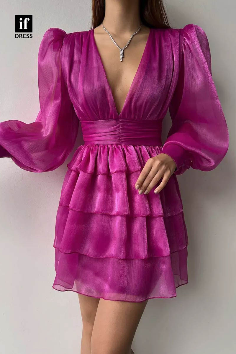 F1363 - Tiered Low V-Neck Long Sleeves Mini Party Homecoming Graduation Dress