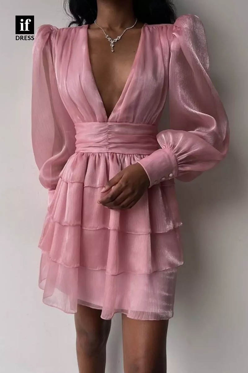 F1363 - Tiered Low V-Neck Long Sleeves Mini Party Homecoming Graduation Dress