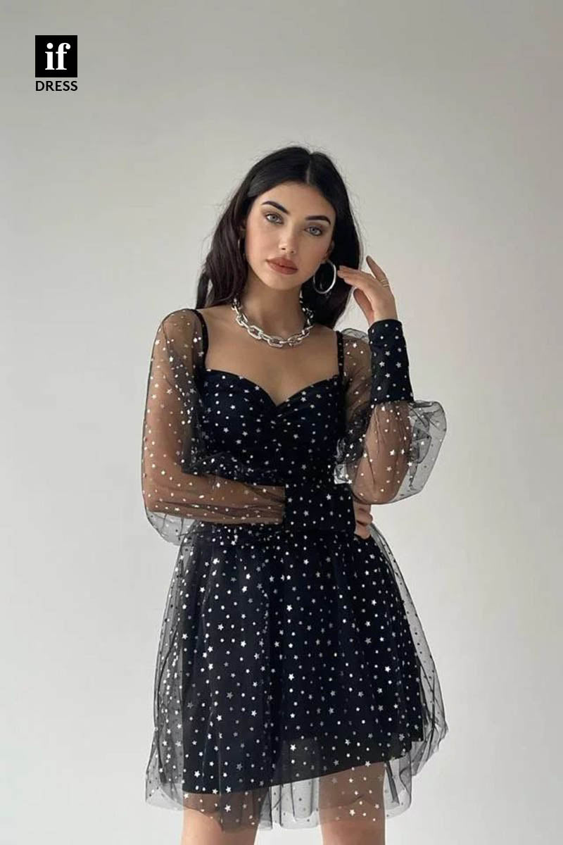 F1366 - Stunning A-Line Long Sleeves Star Mini Party Homecoming Graduation Dress