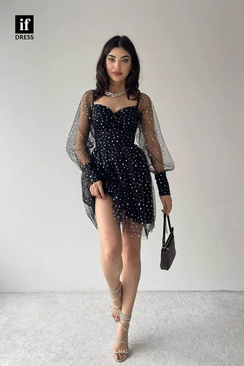 F1366 - Stunning A-Line Long Sleeves Star Mini Party Homecoming Graduation Dress