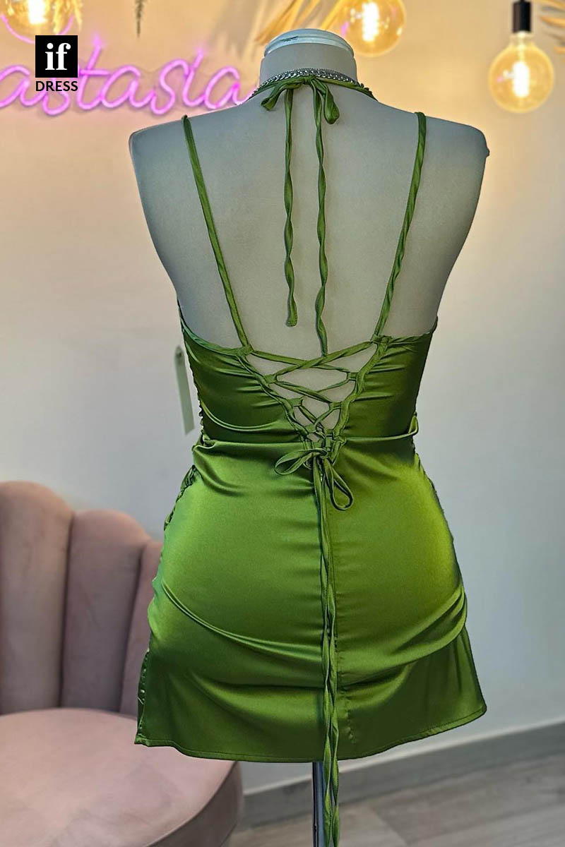 F1383 - Simple Scoop Pleats Sheath Mini Cheap Homecoming Graduation Dress