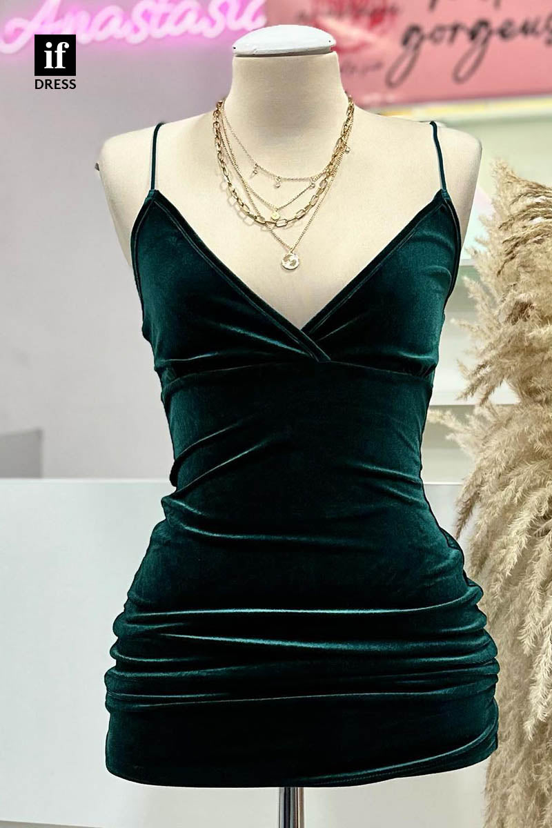 F1384 - Timeless V-Neck Pleats Velvet Short Party Homecoming Graduation Dress
