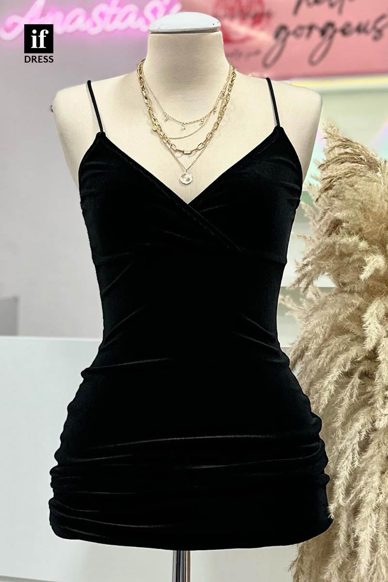 F1384 - Timeless V-Neck Pleats Velvet Short Party Homecoming Graduation Dress