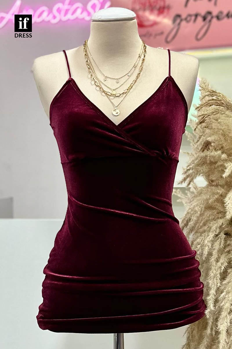 F1384 - Timeless V-Neck Pleats Velvet Short Party Homecoming Graduation Dress
