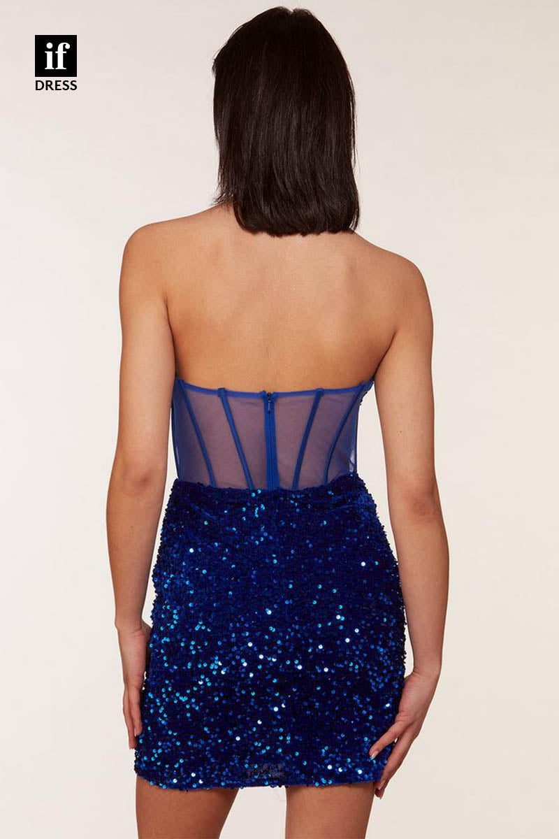 F1404 -Sexy Strapless V-Neck Illusion Bodycon Mini Cocktial Homecoming Graduation Dress