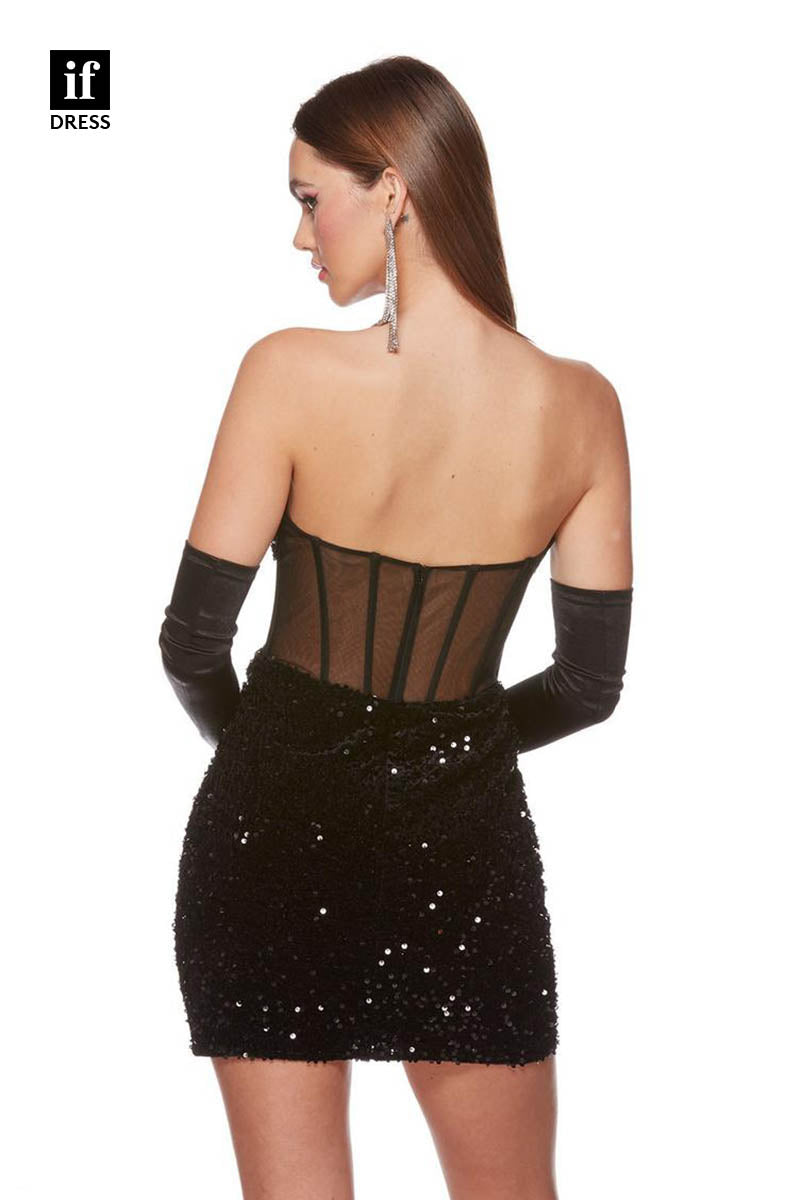 F1404 -Sexy Strapless V-Neck Illusion Bodycon Mini Cocktial Homecoming Graduation Dress
