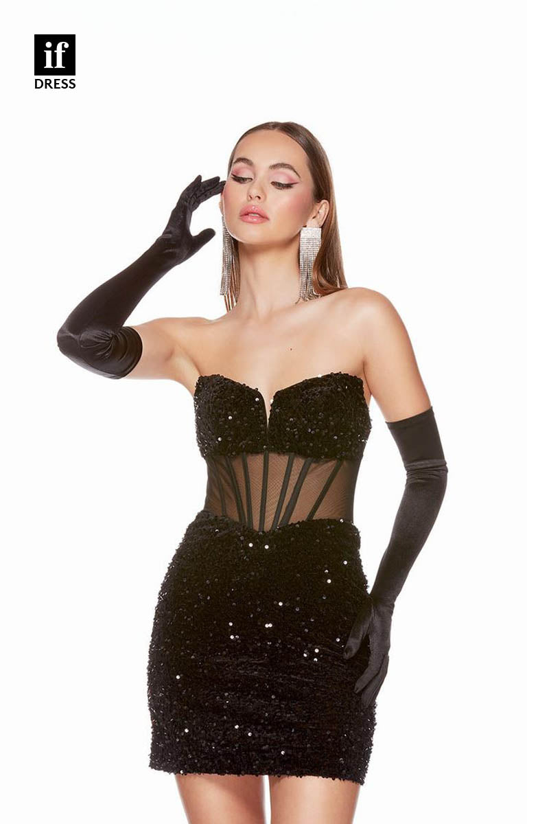 F1404 -Sexy Strapless V-Neck Illusion Bodycon Mini Cocktial Homecoming Graduation Dress