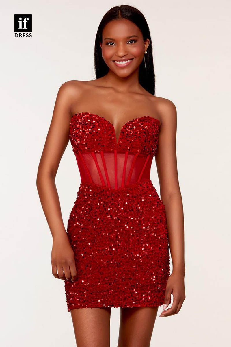 F1404 -Sexy Strapless V-Neck Illusion Bodycon Mini Cocktial Homecoming Graduation Dress