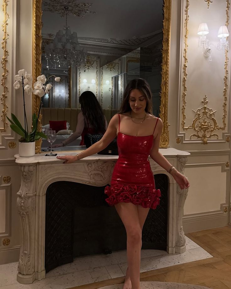 Classy Spaghetti Straps Red Sequin Sheath Homecoming Dress Short Prom Dress - FashionDia