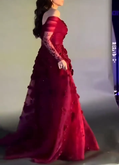 Pretty Off-the-Shoulder Ball Gown Red Organza Appliques Long Party Dress Birthday Outfits - View 5 | FashionDia