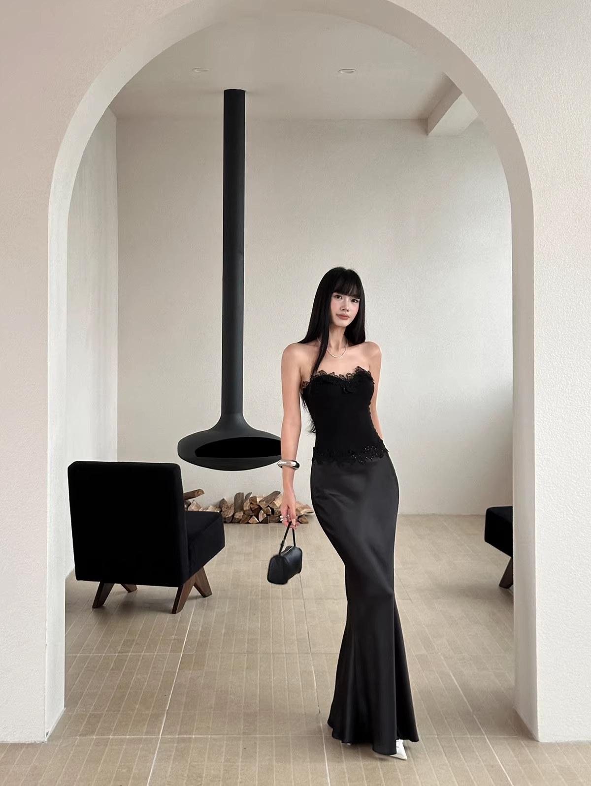 Pretty Lace Appliques Strapless Mermaid Evening Dress Party Dress Black Satin Long Wedding Guest Dress - View 2 | FashionDia