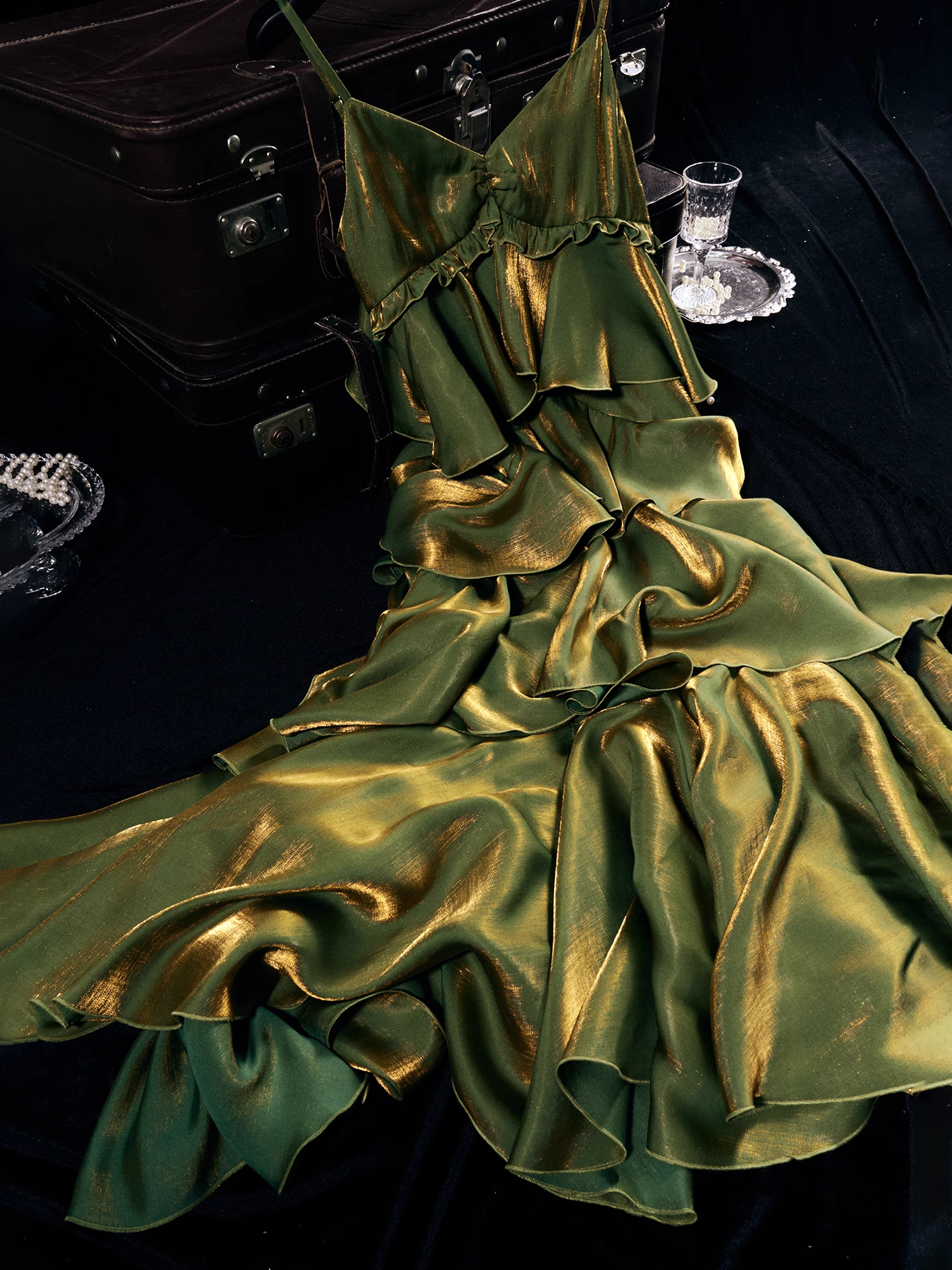 French Retro A line Spaghetti Straps Green Long Prom Dress Birthday Dresses