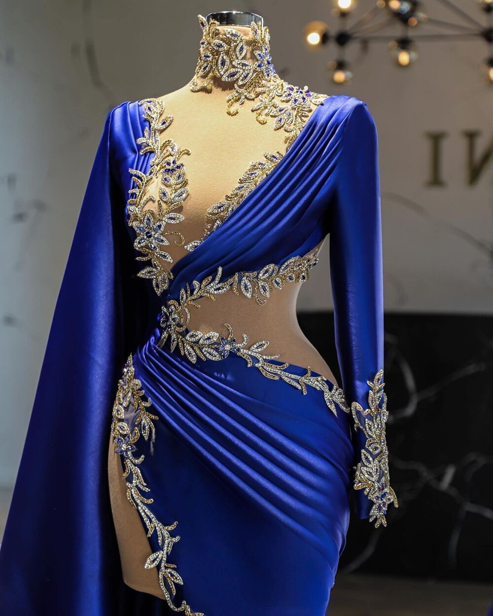 royal blue prom dresses, high neck prom dresses, Women Evening Dress Long Sleeve Blue Lace Appliques High Slit Arabic Style Prom Dress - View 2 | FashionDia