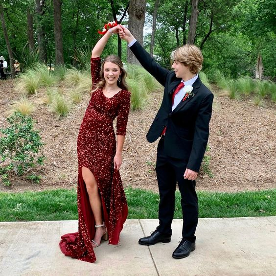 Shiny Burgundy Sequins Long Prom Dress With Split - FashionDia