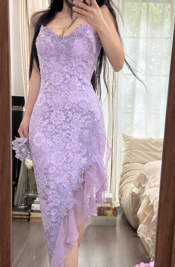 Pretty Spaghetti Straps Lavender V-Neck Lace Chiffon Ruffles Long Party Dress Birthday Dress - View 10 | FashionDia