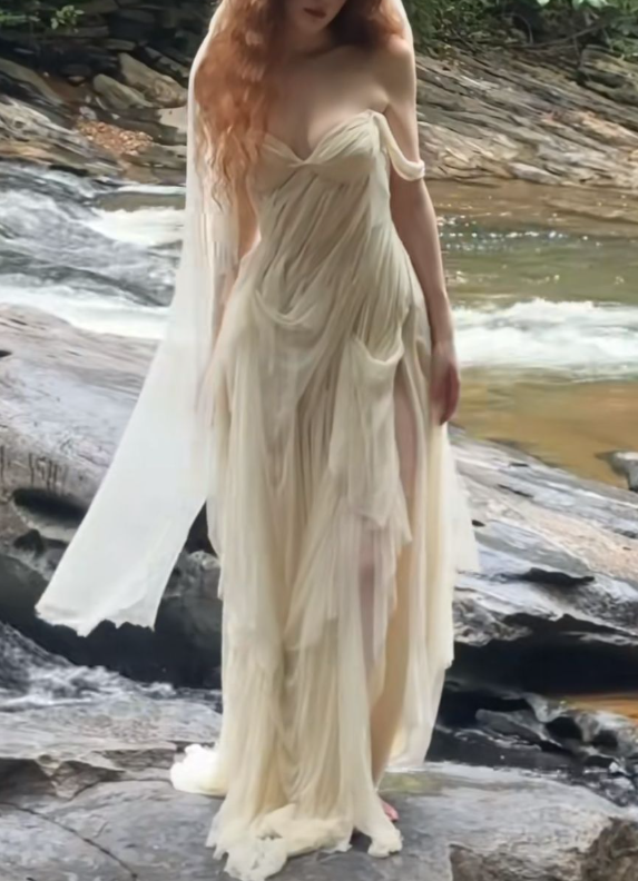 Charming Off-the-Shoulder Apricot Chiffon Pleated Slit Long Wedding Dress Formal Bridal Dress With Veil - FashionDia