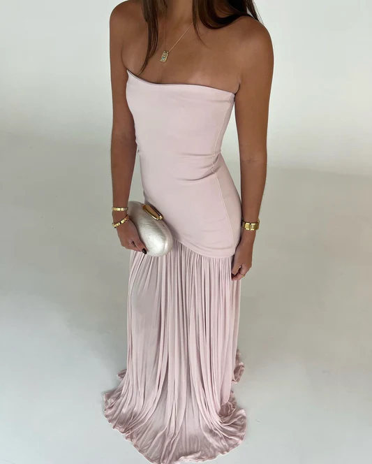 Beautiful Mermaid Strapless Neckline Pink Long Chiffon Party Dresses Prom Dress - View 5 | FashionDia