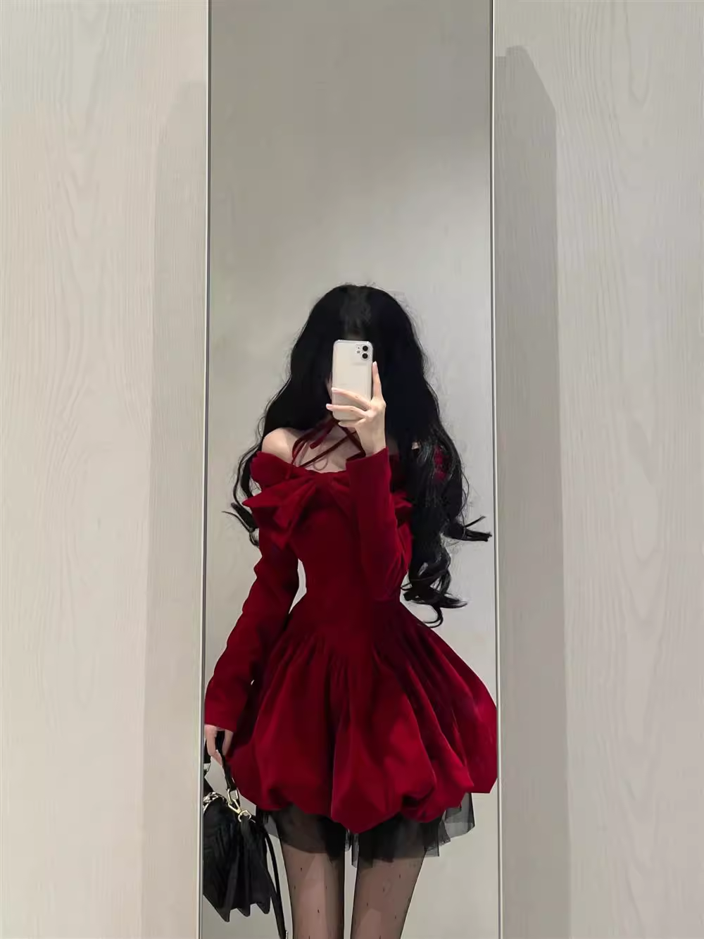 Cute Ball Gown Long Sleeves Velvet Red Short Cocktail Dresses Birthday Outfits - View 2 | FashionDia