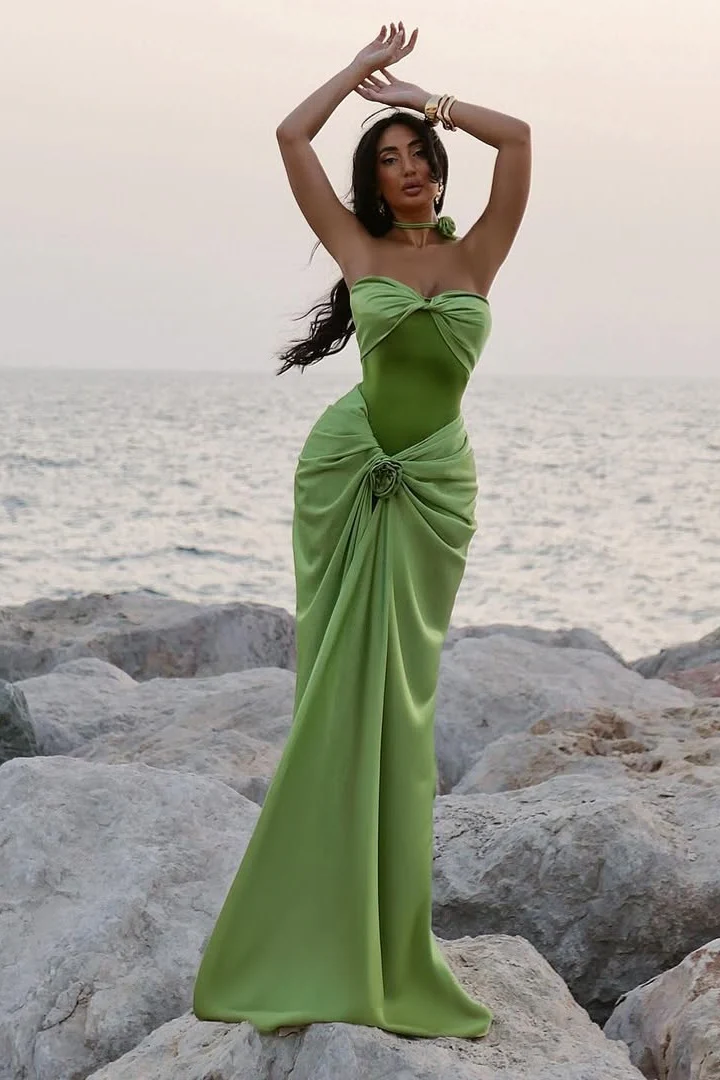 Modest Mermaid Sweetheart Sage Green Long Satin Prom & Evening Dress - View 7 | FashionDia