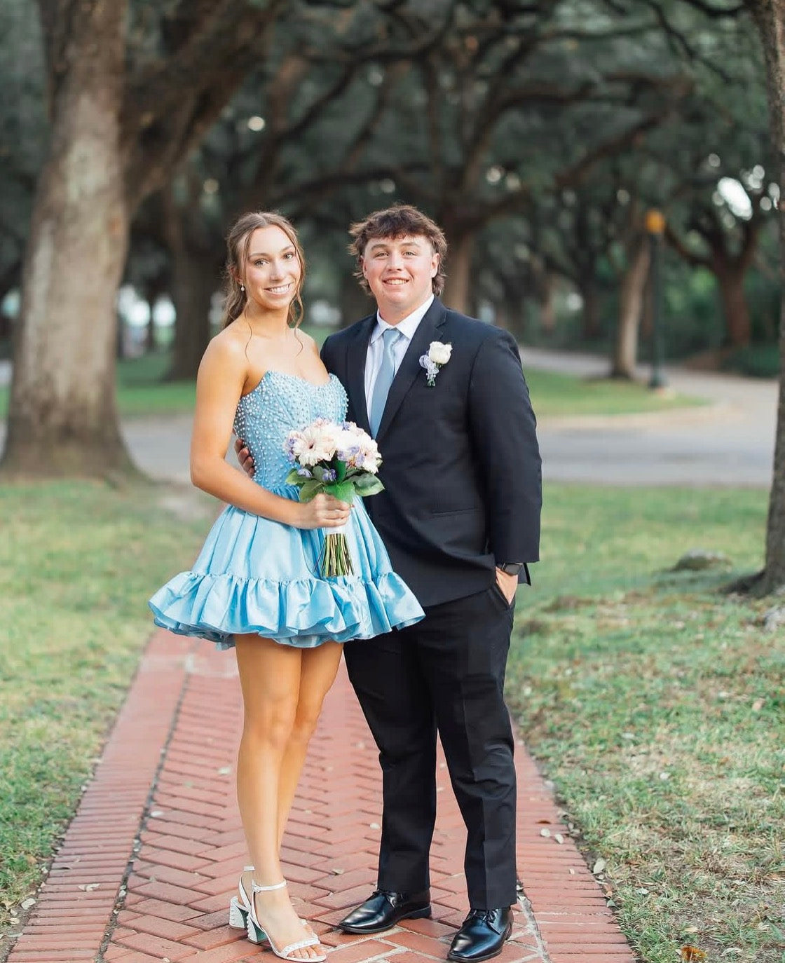 Strapless Blue Satin Homecoming Dress Pearl Beaded Short Dress J10638