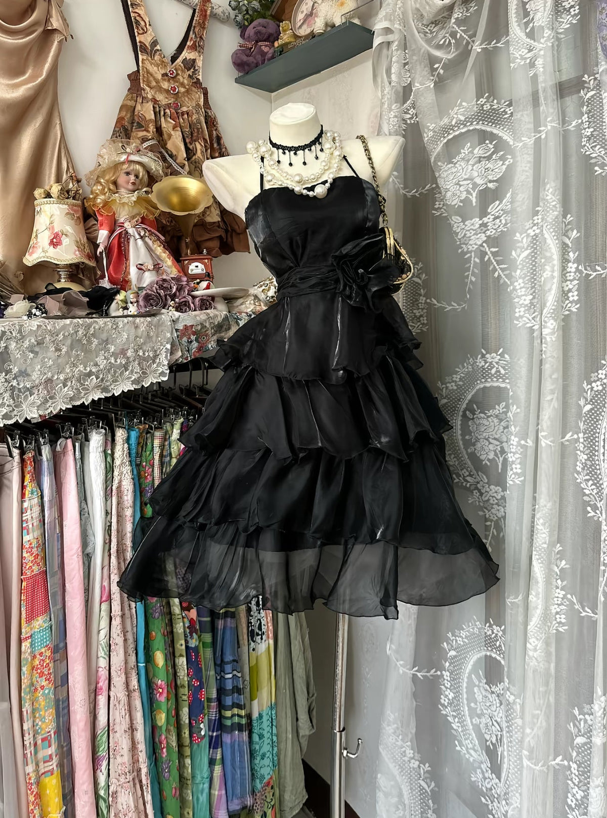 Spaghetti Straps Black A Line Short Prom Dress Layered Party Gown J8523