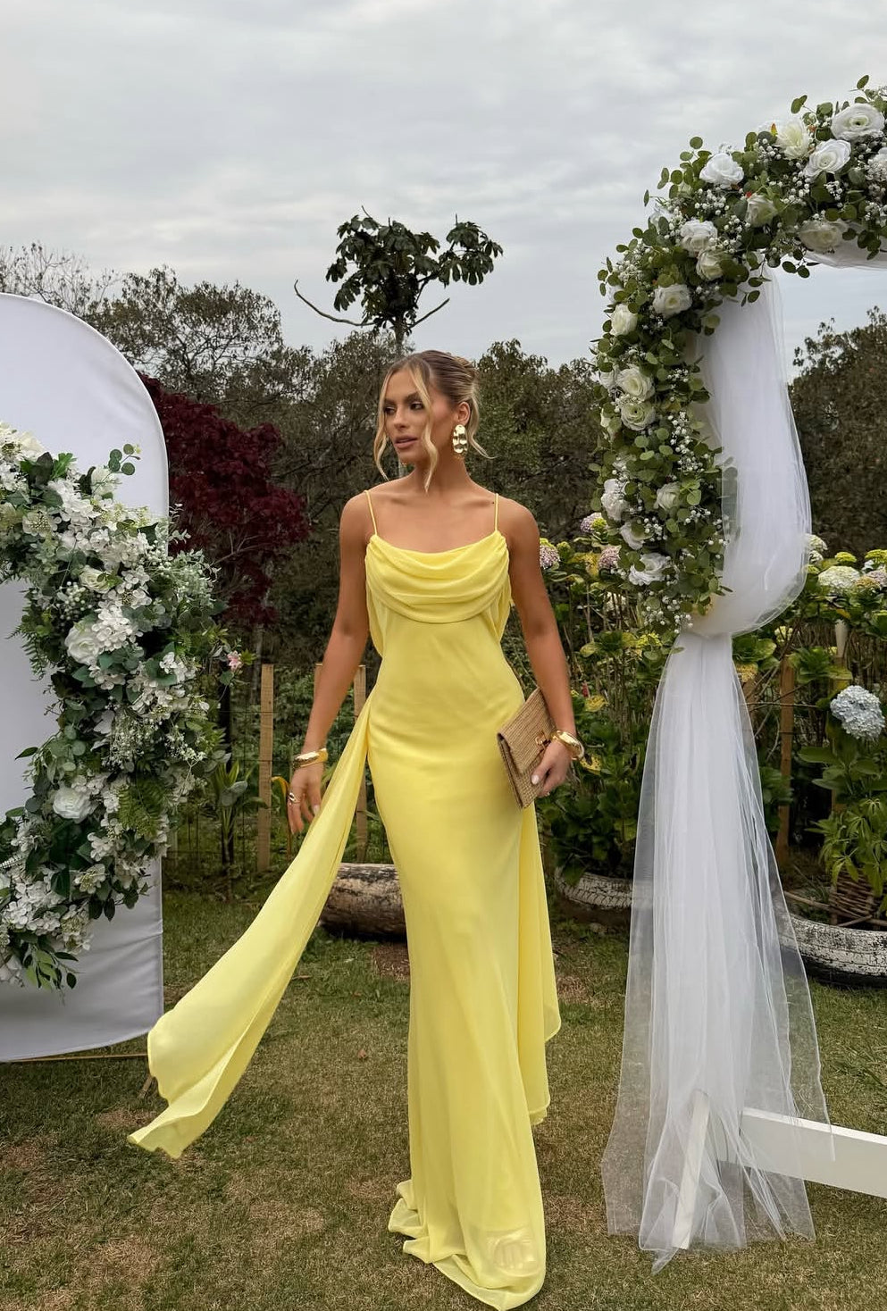 Yellow Chiffon Long Prom Dress Backless Formal Evening Party Dress J8887