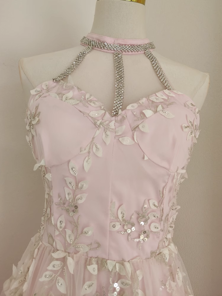 Sexy A-Line High Neckline Pink Tulle Dinner Party Dresses Birthday Outfits - View 3 | FashionDia