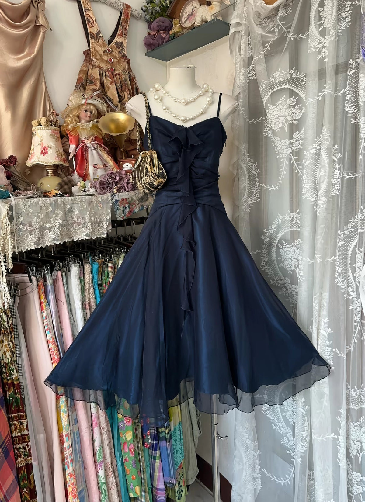 Spaghetti Straps A Line Navy Blue Homecoming Dress Ruffle Party Dress J8508