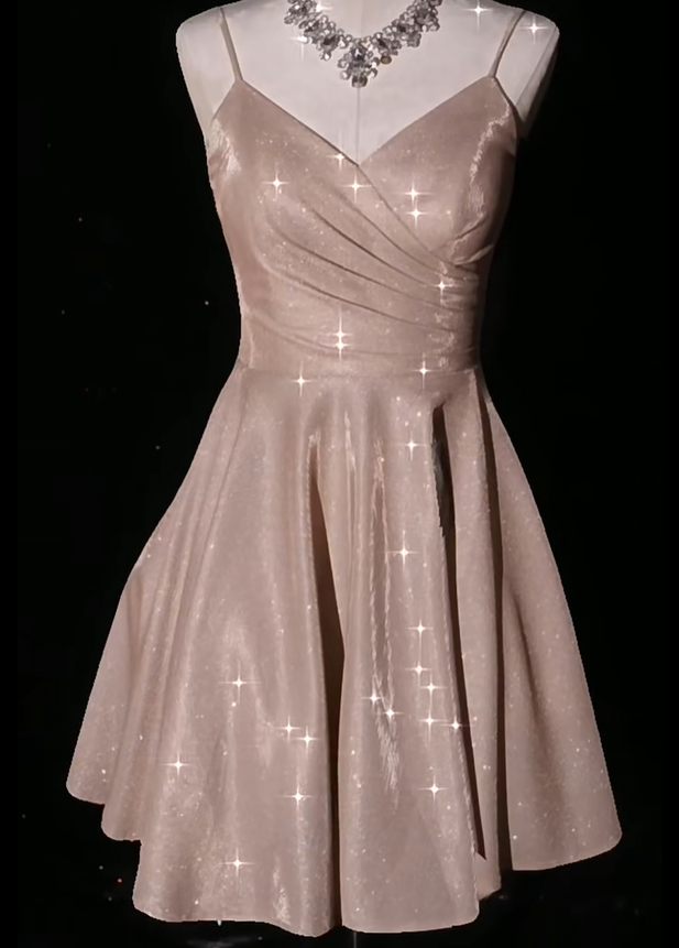 Charming Blush Pink Spaghetti Straps V-Neck Satin A-Line Short Homecoming Dress Cocktail Dress - View 3 | FashionDia