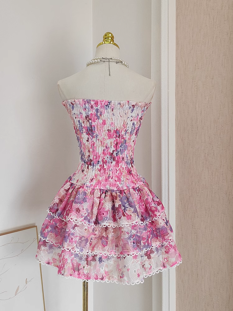 Cute A-Line Strapless Sleeveless Pink Floral Cocktail Dress Short Birthday Outfits - View 2 | FashionDia