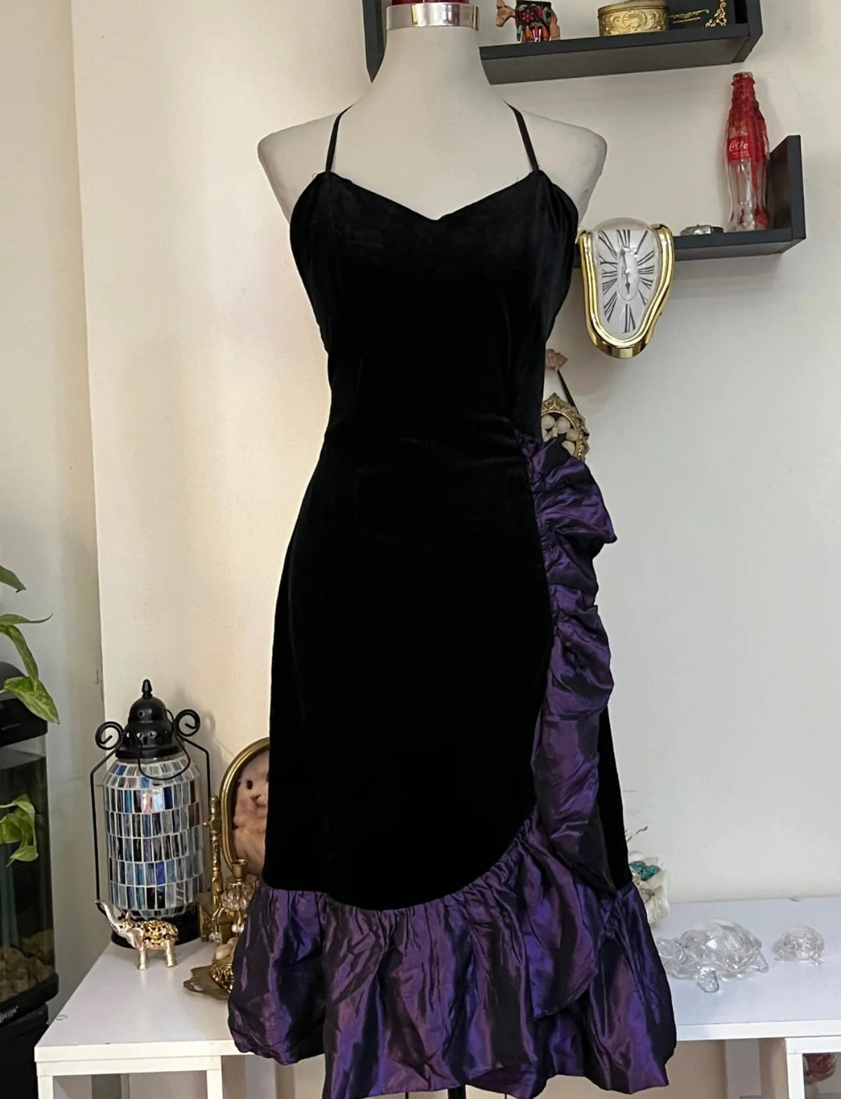 Halter Black Prom Dress With Purple Ruffle J8539