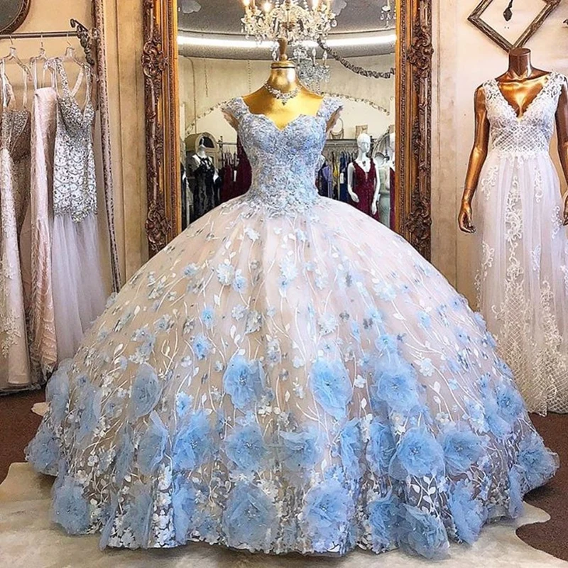 3D Flowers Sequined Quinceanera Dresses Sweet 16 Dress Light Sky Blue Flowers Ball Gown - FashionDia