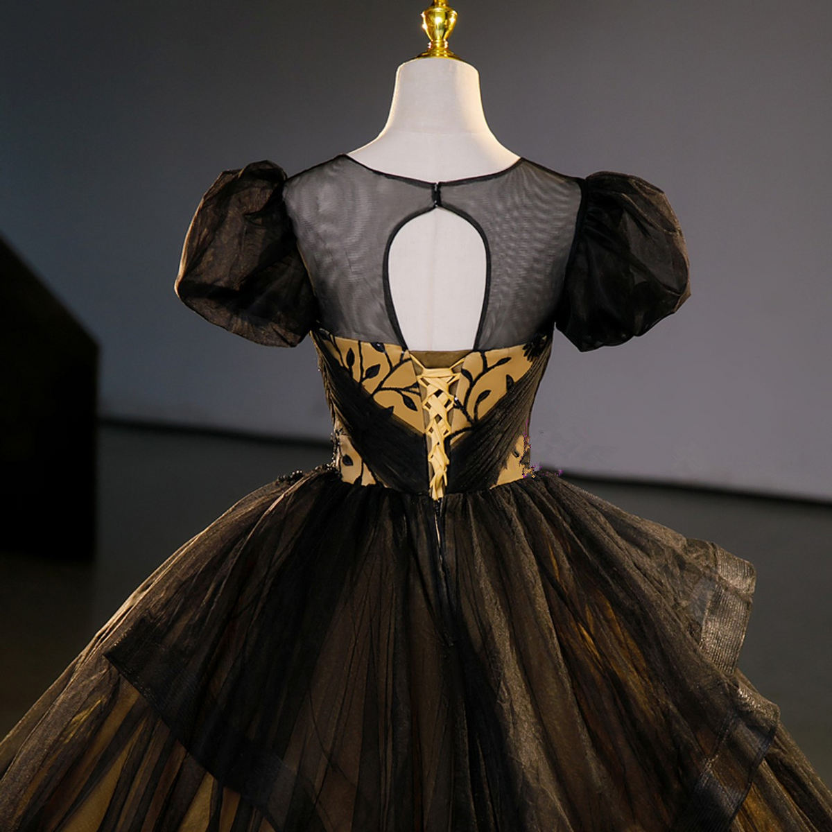 Black Tulle Puff Sleeves Appliques Beading Quinceanera Dress Sweet 16 Ball Gown - View 3 | FashionDia