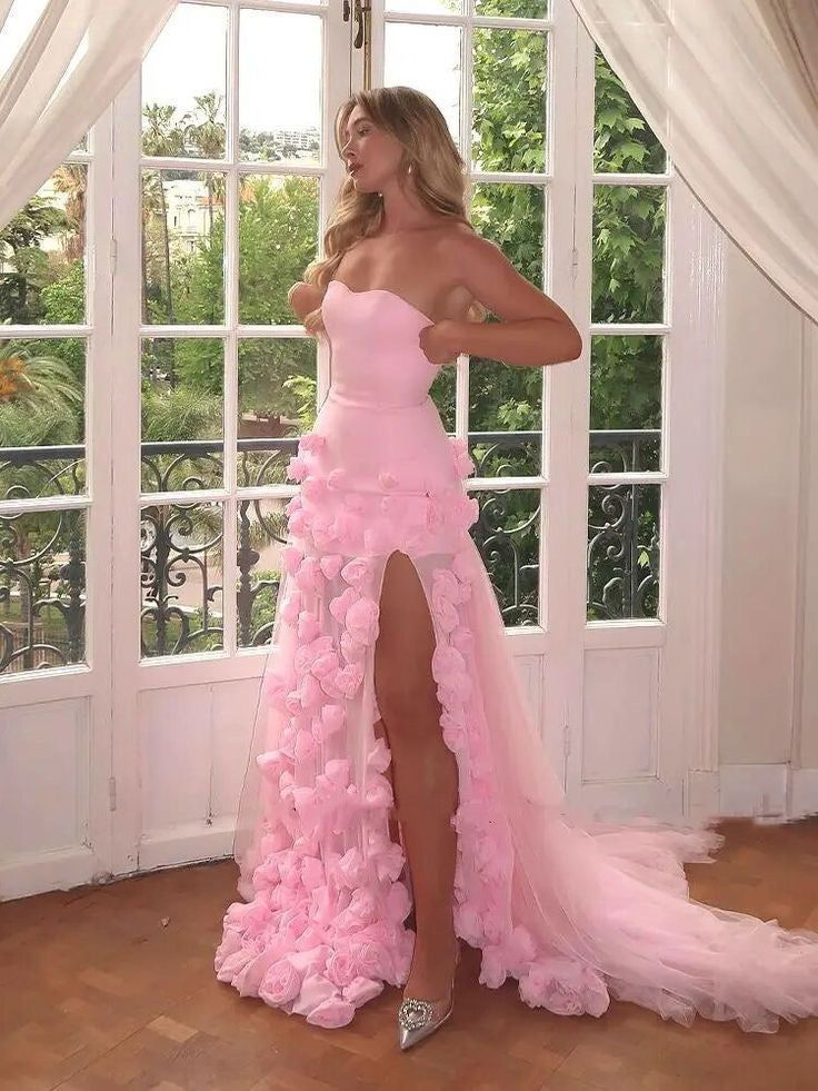 Beautiful Pink Strapless Tulle Rose Flowers Prom Dress Mermaid Slit Evening Dress Wedding Dress - View 2 | FashionDia