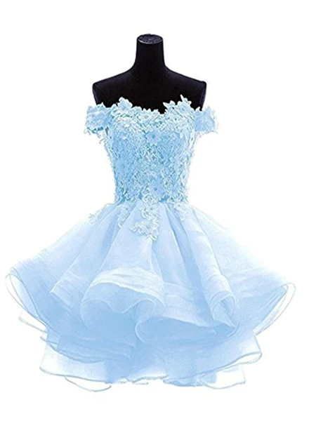 White sweetheart lace applique short cute white homecoming dress Off-the-Shoulder Organza Short Lace Applique Teen Formal Dress - View 6 | FashionDia
