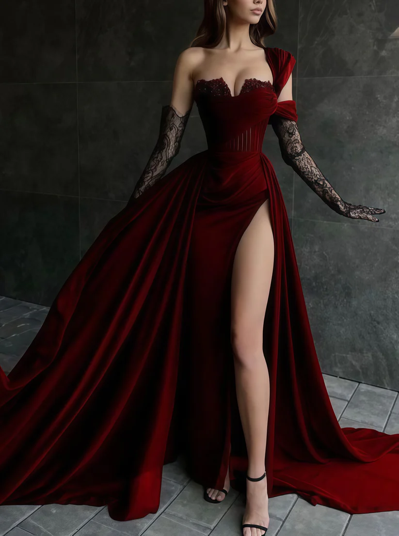 Sexy Burgundy Velvet Split Evening Prom Dress,Slit Party Dress With Gloves - FashionDia