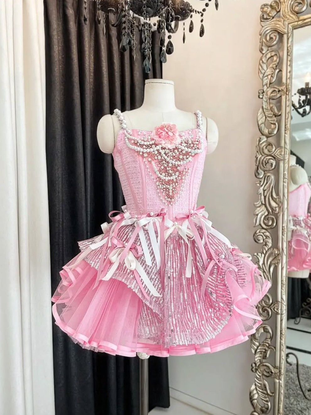 Beautiful Spaghetti Straps Pink Tulle Pearls Beaded A Line Birthday Dress Short Graduation Homecoming Dress