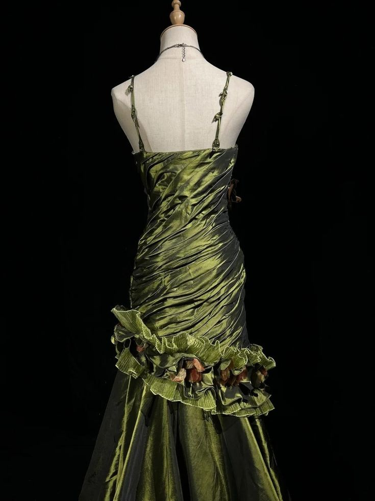 Vintage Green Satin Pleated Beaded Prom Party Dress,Long Mermaid Evening Dress - View 3 | FashionDia