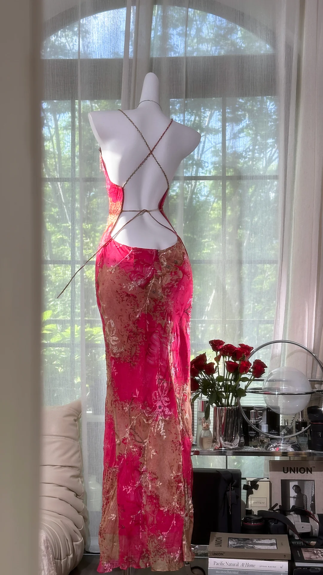 Pretty Spaghetti Straps Red Chiffon Printed Floral Beaded Mermaid Evening Dress Long Prom Gown - View 3 | FashionDia