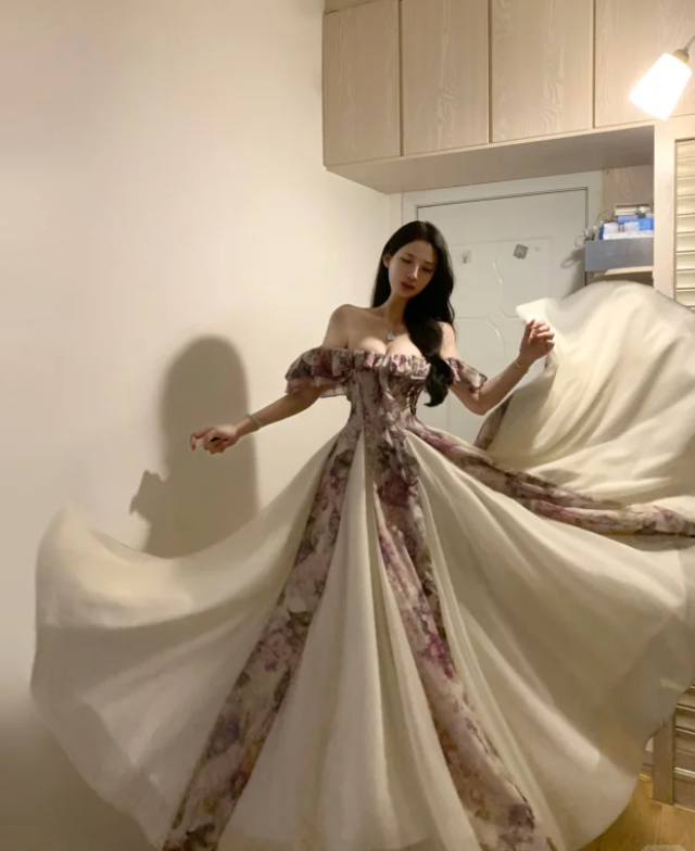 Pretty Off-the-Shoulder Chiffon Printed Floral A-Line Long Party Dress Evening Gown - View 3 | FashionDia