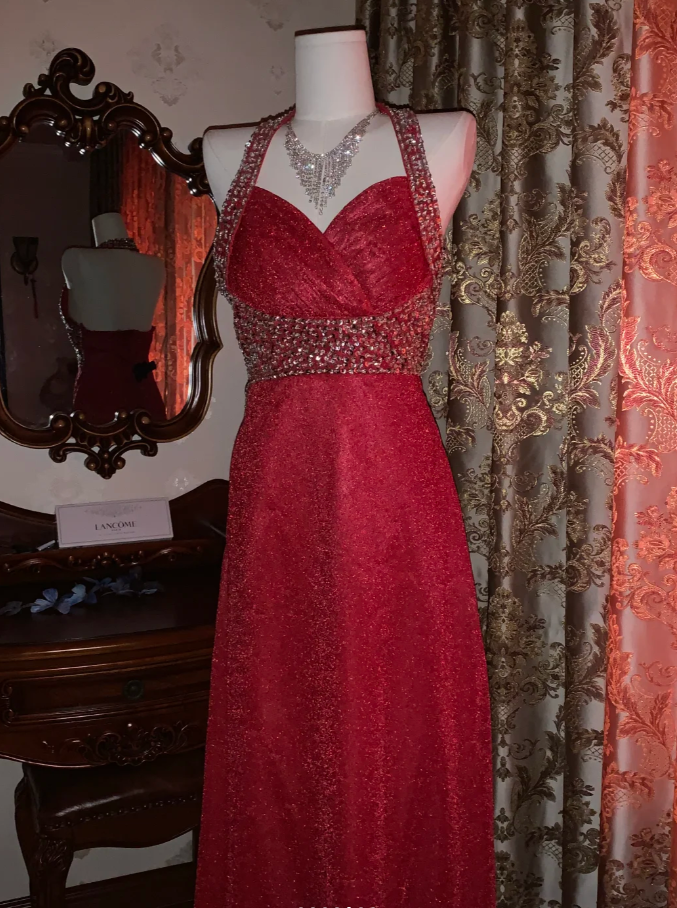 Glitter Halter Red Tulle Sequin Beaded A-Line Long Party Dress Evening Dress - View 3 | FashionDia