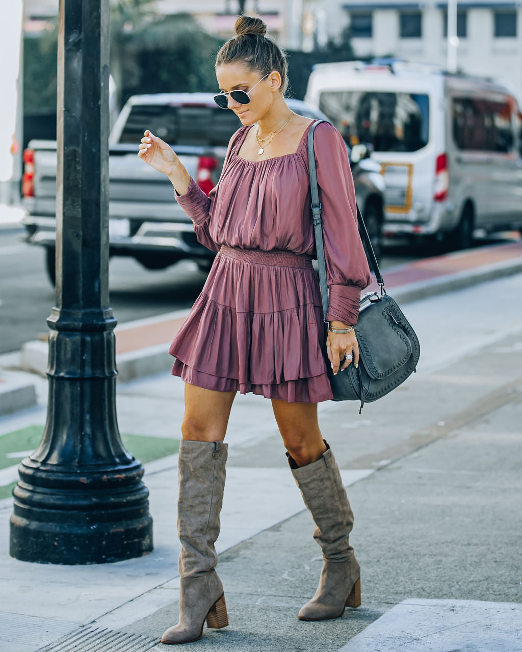 Ayla Smocked Ruffle Mini Dress Dark Mauve FINAL