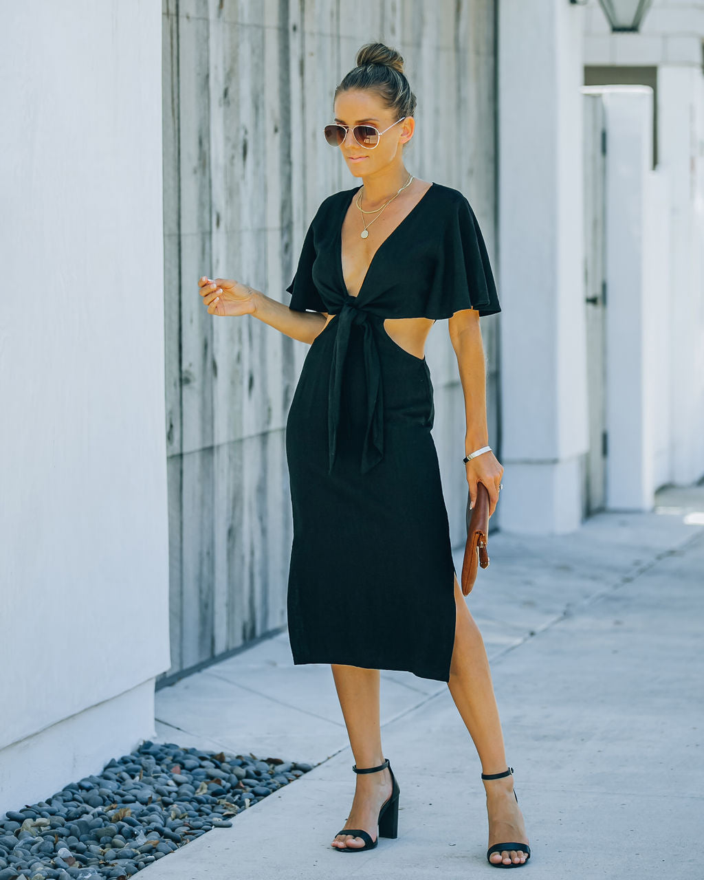 Jenner Linen Blend Tie Front Cutout Midi Dress Black FINAL