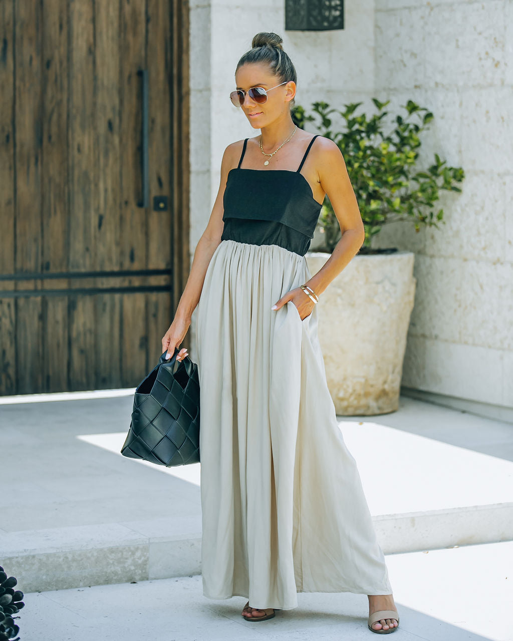 Marcellus Pocketed Colorblock Maxi Dress Black Nude
