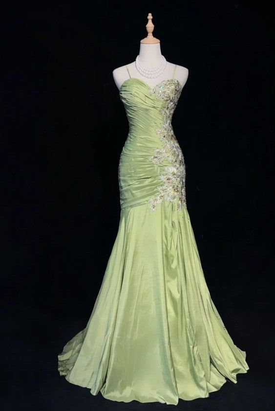 Gorgeous Green Mermaid Satin Beaded Sequin Party Evening Dress,Spaghetti Strap Long Prom Dress
