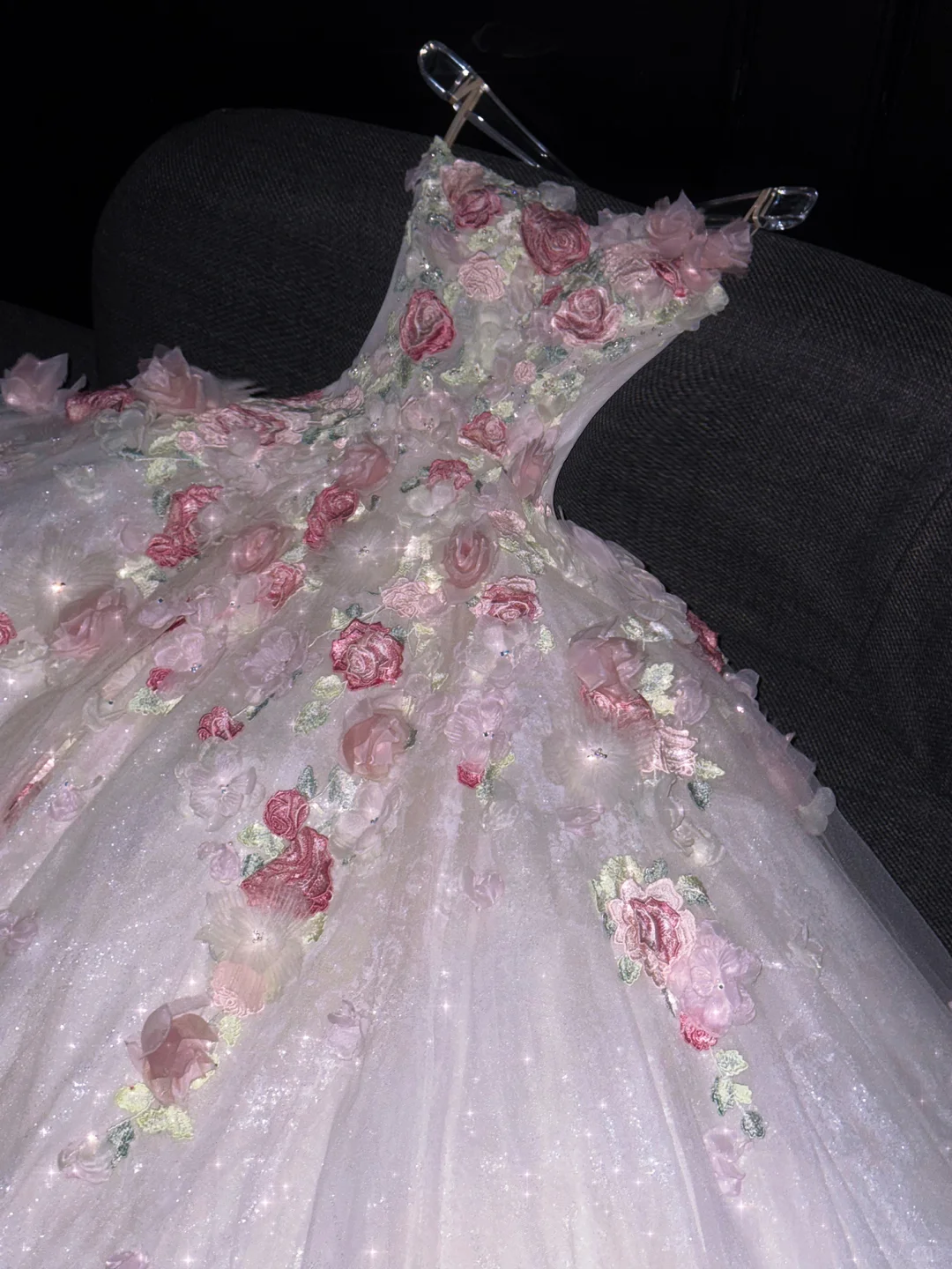 Charming Strapless White Tulle Sequin 3D Floral Long Wedding Dress D3083