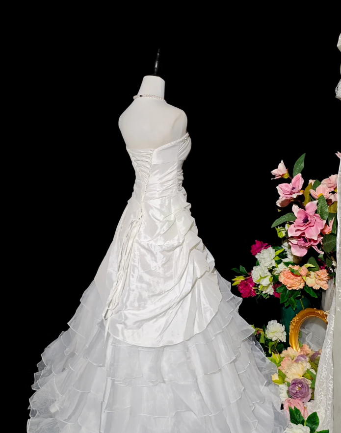 Pretty Strapless White Satin Tulle Beaded Ruffle Layered Mermaid Evening Dress Long Birthday Prom Dress - View 5 | FashionDia