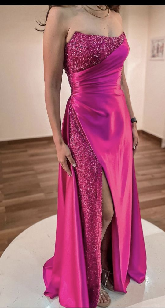 Elegant Strapless Hot Pink Satin Sequin Slit Mermaid Evening Dress Long Wedding Guest Dress - FashionDia