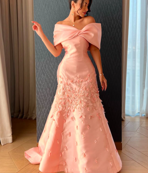 Chic Off-the-Shoulder Satin Beaded Appliques Pink Long Party Dress Evening Gown - View 2 | FashionDia